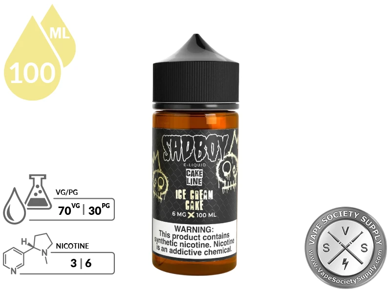 Ice Cream Cake SADBOY Cake Line product specifications showing 70VG/30PG and nicotine strengths.