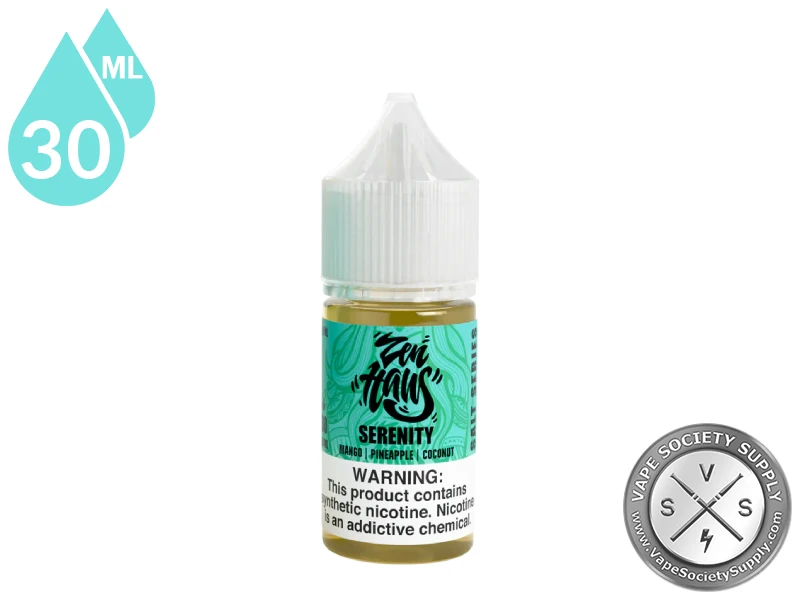 Serenity Zen Haus Salt 30ml nicotine salt vape juice featuring mango, pineapple, and coconut flavor.