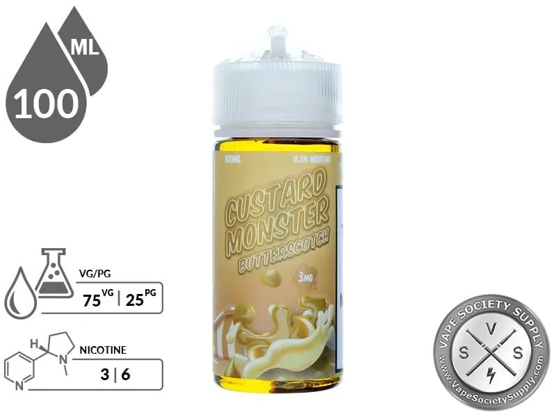 Butterscotch Custard Monster 100ml bottle with 75VG/25PG and 3mg and 6mg nicotine icons