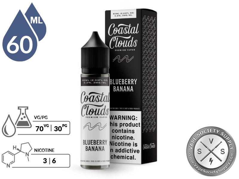 Blueberry Banana Coastal Clouds 60ml bottle and box with a 70/30 VG/PG icon and nicotine strength icons