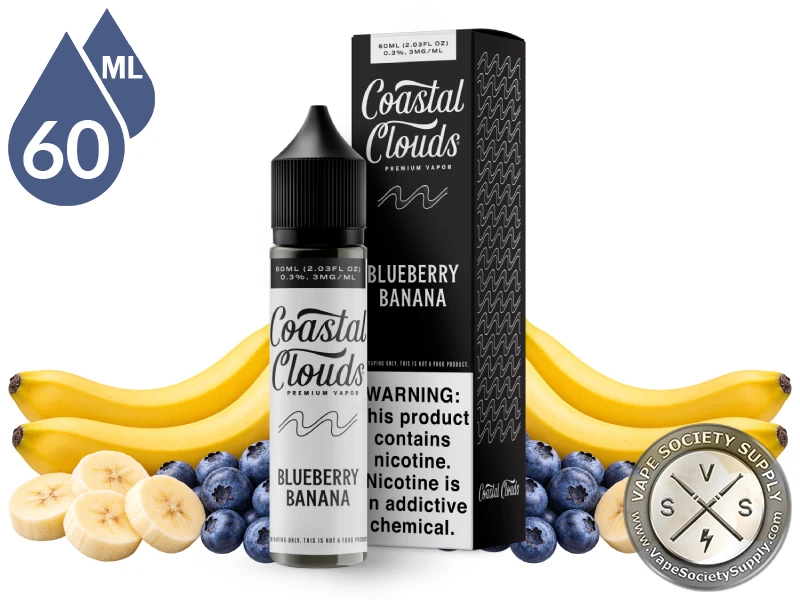 Blueberry Banana Coastal Clouds 60ml bottle and box with bananas and blueberries