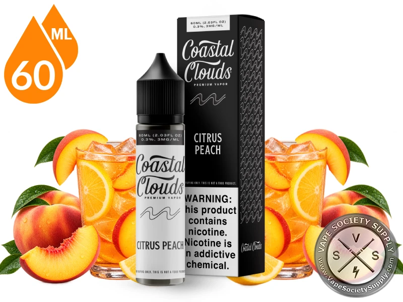 Citrus Peach Coastal Clouds 60ml bottle and box with peaches, orange slices and glasses of iced drink