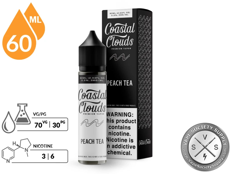 Peach Tea Coastal Clouds 60ml bottle and box with a 70/30 VG/PG icon and nicotine strength icons