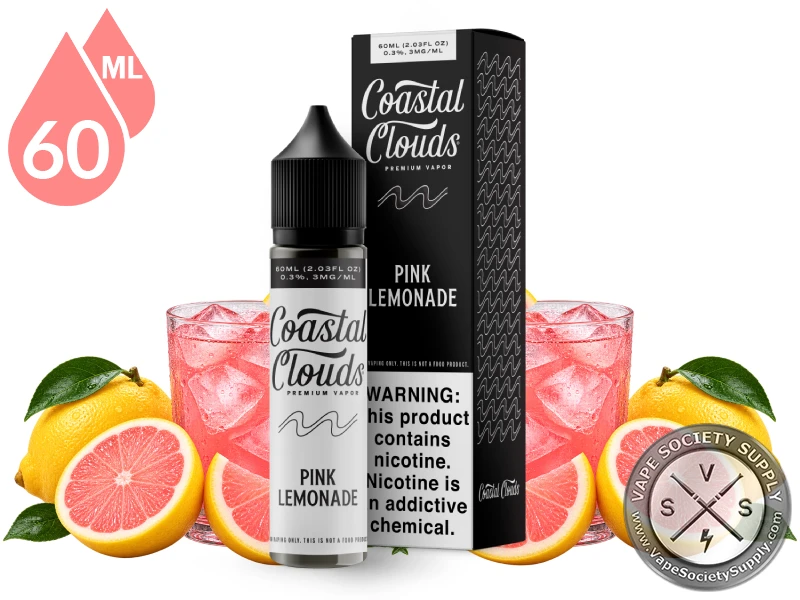 Pink Lemonade Coastal Clouds 60ml bottle and box with glasses of pink lemonade, lemons and pink grapefruit
