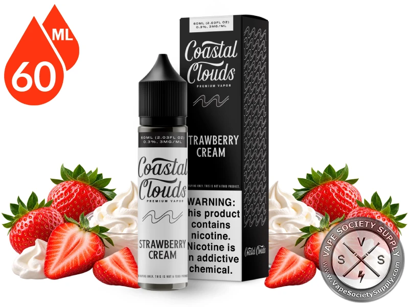 Strawberry Cream Coastal Clouds 60ml bottle and box with strawberries and whipped cream