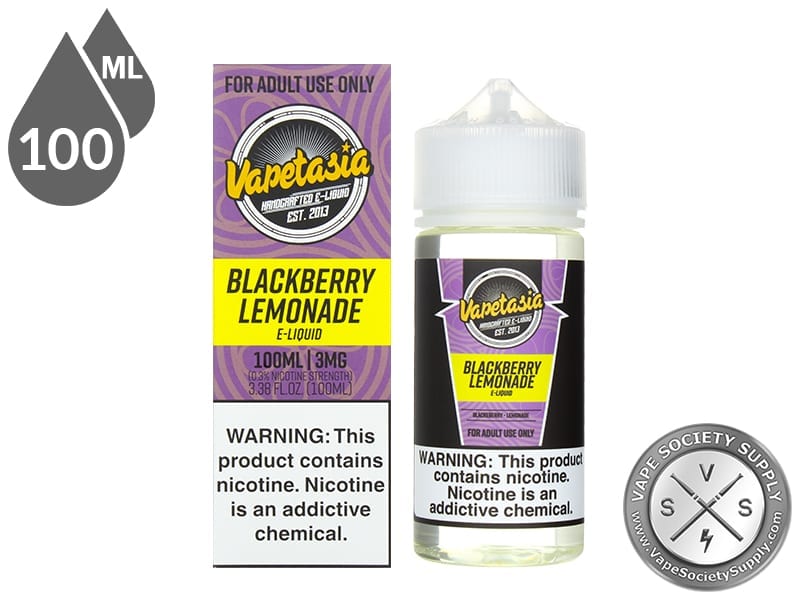 Blackberry Lemonade Vapetasia 100ml bottle in front of its box