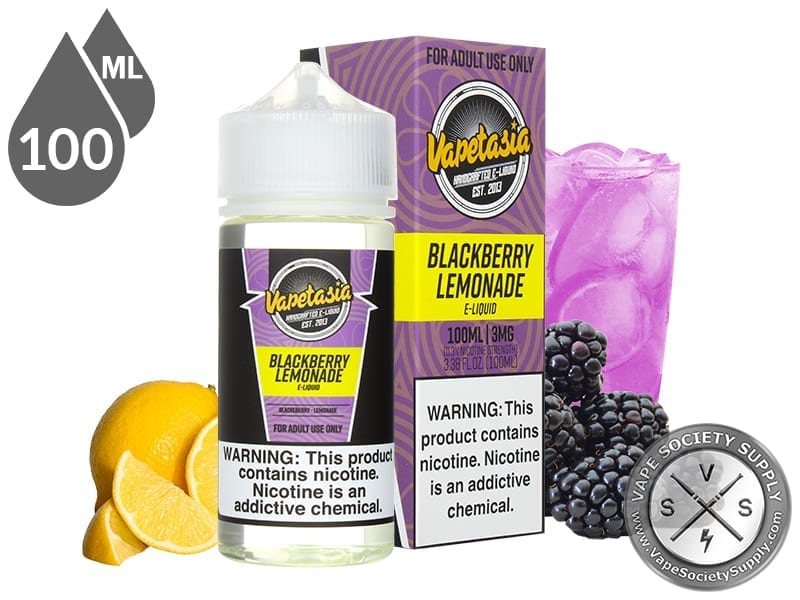 Blackberry Lemonade Vapetasia 100ml bottle and box with lemons, blackberries and a glass of blackberry lemonade