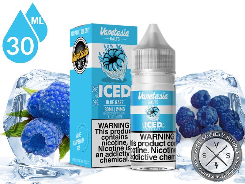Blue Razz Iced Killer Fruits Vapetasia Salt 30ml bottle and box with blue raspberries and ice