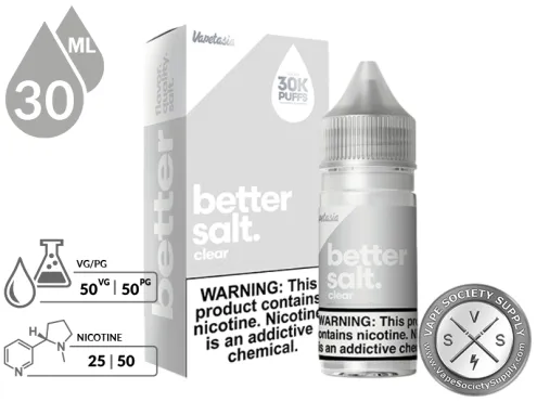 Clear Better Salt 30ml bottle and box with a 50/50 VG/PG icon and nicotine strength icons