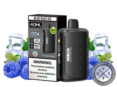 HorizonTech 100K Blue Razz Ice disposable vape and box with blue raspberries, ice cubes and mint leaves