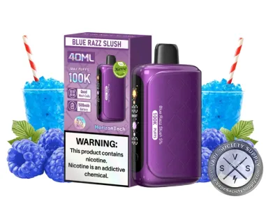 HorizonTech 100K Blue Razz Slush disposable vape and box with cups of blue slush and blue raspberries