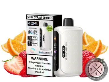 HorizonTech 100K Sour Straw Orange disposable vape and box with orange slices and strawberries