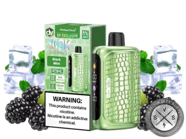 HorizonTech 100K Black Mint disposable vape and box with blackberries, ice cubes and mint leaves