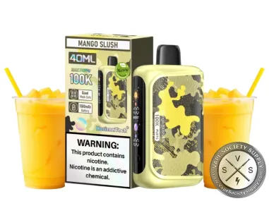 HorizonTech 100K Mango Slush disposable vape and box with cups of mango slush