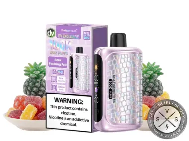 HorizonTech 100K Sour Fcuking Fab disposable vape and box with pineapples and sour fruit gummies