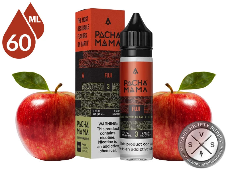 Fuji PACHA MAMA 60ml bottle with the box and red apples