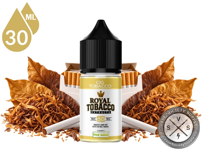 Cig Tobacco Royal Tobacco Salt 30ml bottle among tobacco leaves, loose-cut tobacco, and an open pack of cigarettes