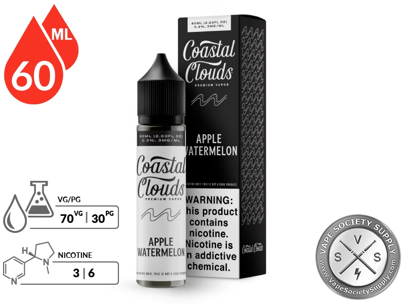 Apple Watermelon Coastal Clouds 60ml bottle and box with a 70/30 VG/PG icon and nicotine strength icons
