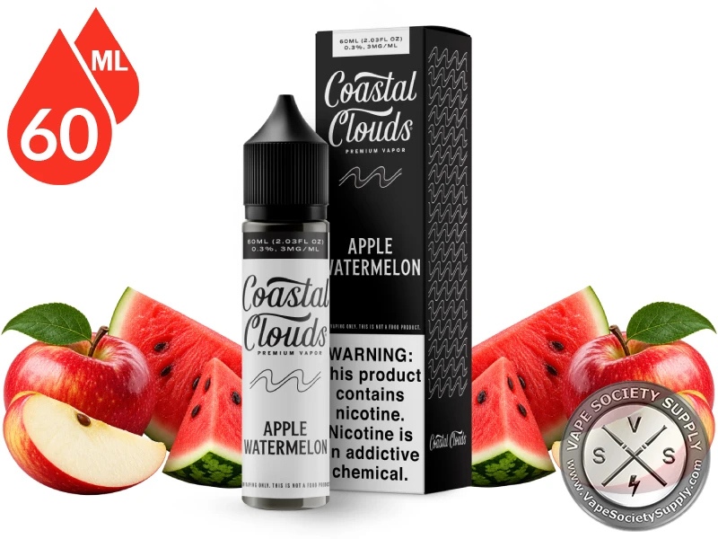 Apple Watermelon Coastal Clouds 60ml bottle and box with red apples and watermelon slices