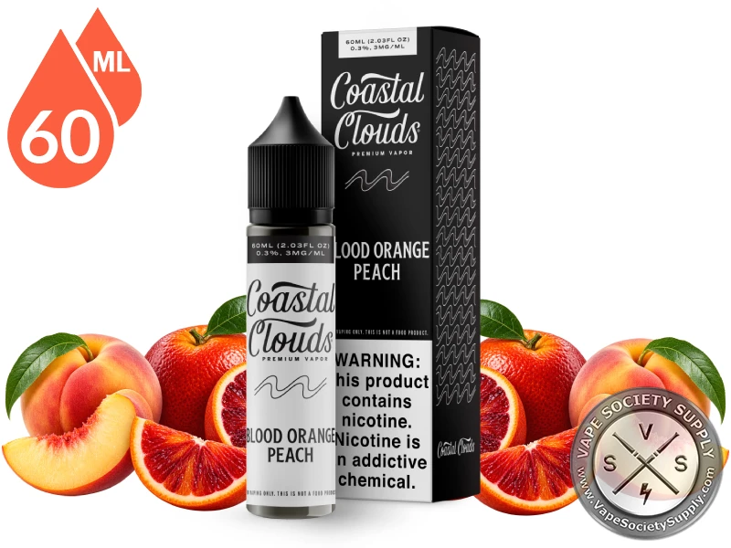 Blood Orange Peach Coastal Clouds 60ml bottle and box with peaches and blood oranges