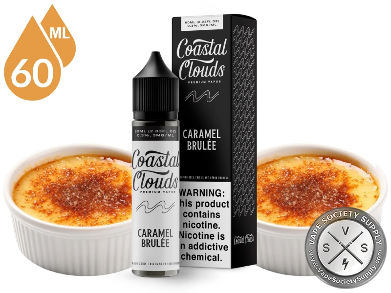 Caramel Brulee Coastal Clouds 60ml bottle and box with caramel brulee desserts in ramekins
