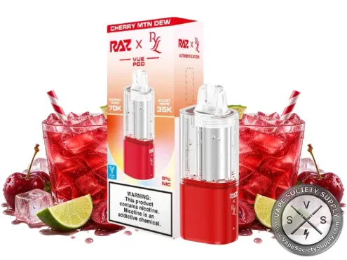Cherry MTN Dew RAZ x RYL VUE 70K Disposable Pod in red next to its box, among iced cherry soda, cherries, and lime wedges