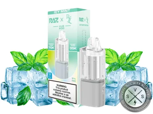 Icy Mint RAZ x RYL VUE 70K Disposable Pod in gray next to its box, among mint leaves and ice cubes