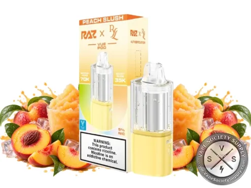 Peach Slush RAZ x RYL VUE 70K Disposable Pod in yellow next to its box, among peaches, peach slush cups, and ice