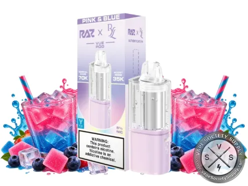 Pink & Blue RAZ x RYL VUE 70K Disposable Pod in lilac, among pink and blue iced drinks, blueberries, and pink gummy cubes