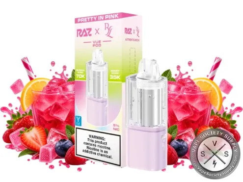 Pretty in Pink RAZ x RYL VUE 70K Disposable Pod in lilac, among pink iced drinks, strawberries, and orange slices