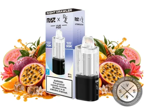 Night Crawler RAZ x RYL VUE 70K Disposable Pod in black next to its box, among passion fruit, guava, and orange slices