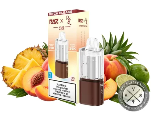 Bitch Please! RAZ x RYL VUE 70K Disposable Pod in brown next to its box, among pineapple, peaches, and limes