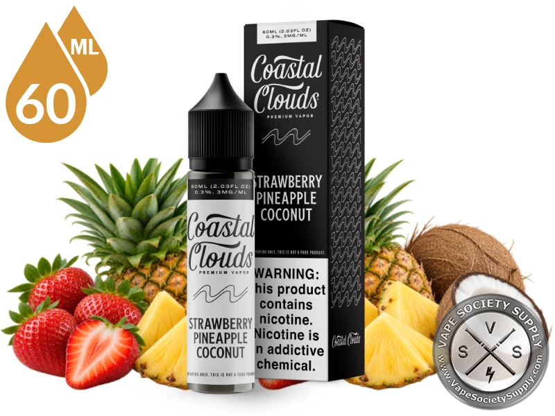 Strawberry Pineapple Coconut Coastal Clouds 60ml bottle and box with strawberries, pineapple and coconuts