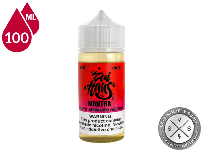Mantra Zen Haus 100ml vape juice featuring Fuji apple, strawberry, and nectarine flavor.