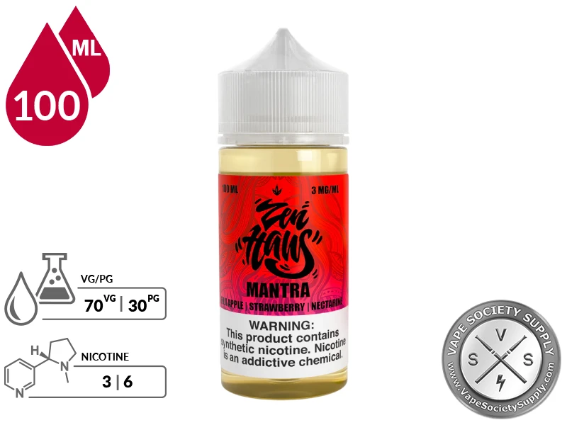 Mantra Zen Haus 100ml freebase vape juice bottle with 70VG 30PG ratio.