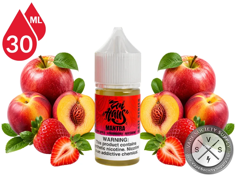 Mantra Zen Haus Salt Fuji apple strawberry nectarine nicotine salt with fresh fruit.