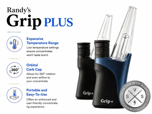 Randy’s Grip PLUS concentrate vaporizer with orbital carb cap, adjustable temperature settings, and portable ergonomic design displayed with key performance features.