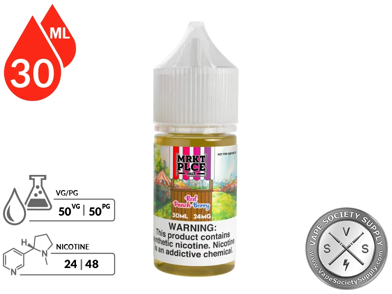 Red Punchberry THE STND by MRKT PLCE SALT bottle showing 50VG/50PG and 24mg/48mg nicotine strengths.