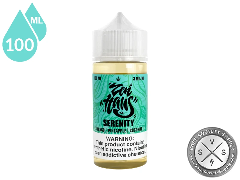 Serenity Zen Haus 100ml vape juice featuring mango, pineapple, and coconut flavor.