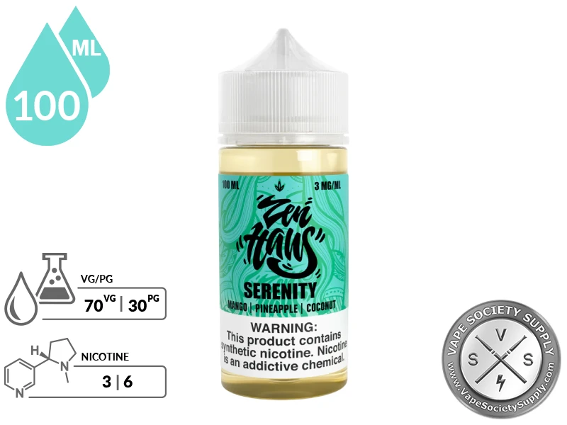 Serenity Zen Haus 100ml synthetic nicotine vape juice bottle with 70VG 30PG ratio.