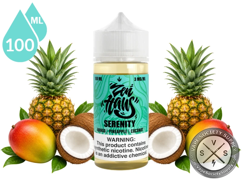 Serenity Zen Haus mango pineapple coconut vape juice with fresh tropical fruit.