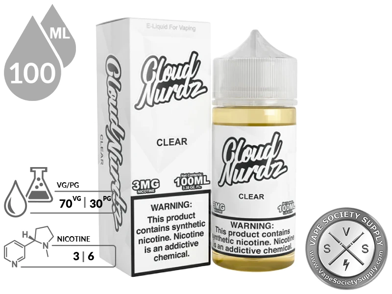 Clear CLOUD NURDZ 100ml vape juice specifications showing 70VG/30PG blend and available nicotine strengths.