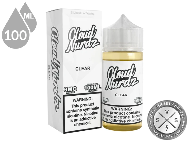 Clear CLOUD NURDZ 100ml tobacco-free nicotine freebase vape juice bottle with retail box.