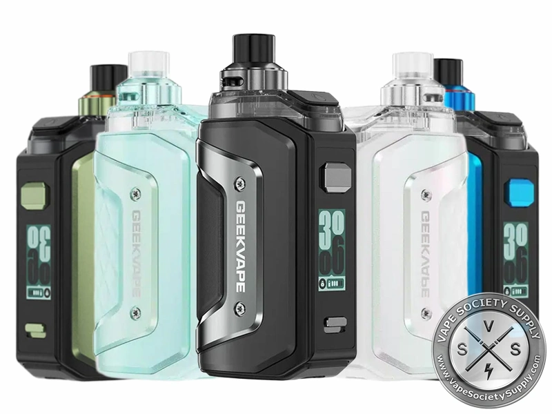 GeekVape Aegis Hero 5 Kit shown in multiple color options with a 2000mAh battery, 50W output, and 6.5mL pod.