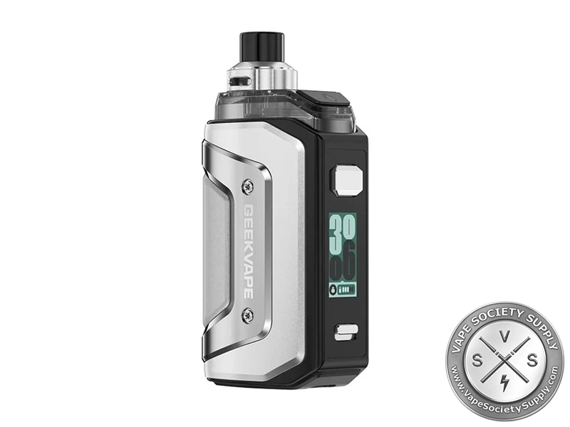 GeekVape Aegis Hero 5 Kit in Steel Silver with 6.5mL pod and B Series coil compatibility.