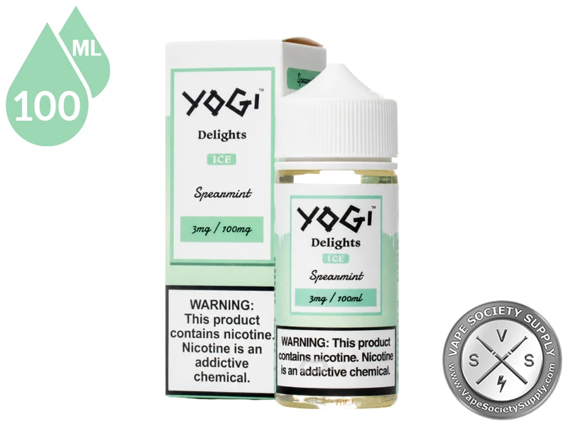 Spearmint Delights YOGI 100ml vape juice bottle with retail box.