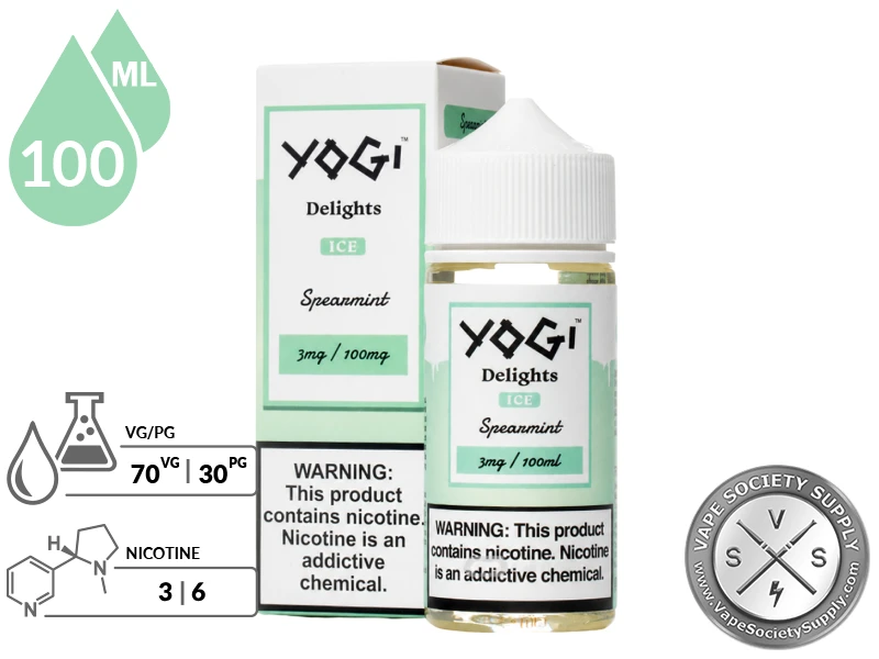 Spearmint Delights YOGI 100ml specifications showing 70VG/30PG blend and nicotine strengths.
