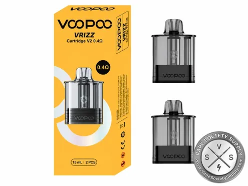 VOOPOO VRIZZ Cartridge V2 0.4Ω replacement pod 2-pack featuring 15mL capacity and bottom-fill design for the VRIZZ 2 pod system.