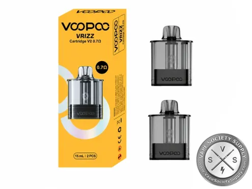 VOOPOO VRIZZ Cartridge V2 0.7Ω replacement pod 2-pack with 15mL capacity for MTL vaping and nicotine salt e-liquids.