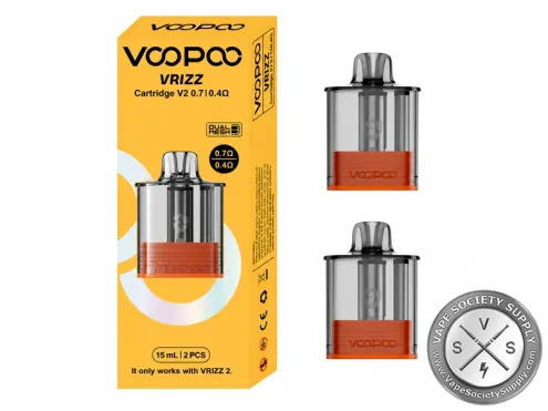 VOOPOO VRIZZ Cartridge V2 Dual Mesh 0.7Ω and 0.4Ω replacement pod 2-pack with 15mL capacity and Dual Mesh Technology.